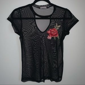 Black Mesh Top with Rose Appliqué